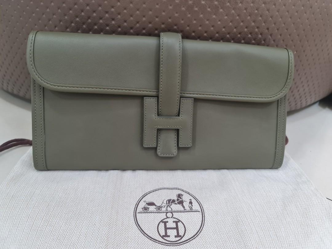 HERMES Jige Elan Clutch Bag 29cm, Etain, Swift Leather