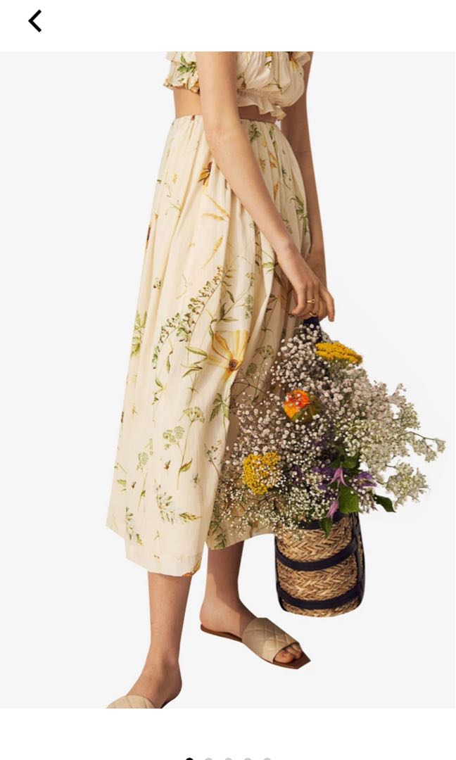 H M Hm Yellow Floral Flared Midi Skirt Women s Fashion Bottoms