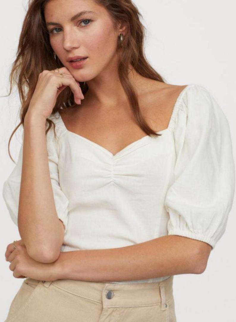 h&m linen blend puff sleeve top (Category: Blouses) located in Guimba. Submitted by nine__ (Listing ID 1171997894, Image 1). Description: no lowballers plz xs sa tag pero best fit sa m-semi l.