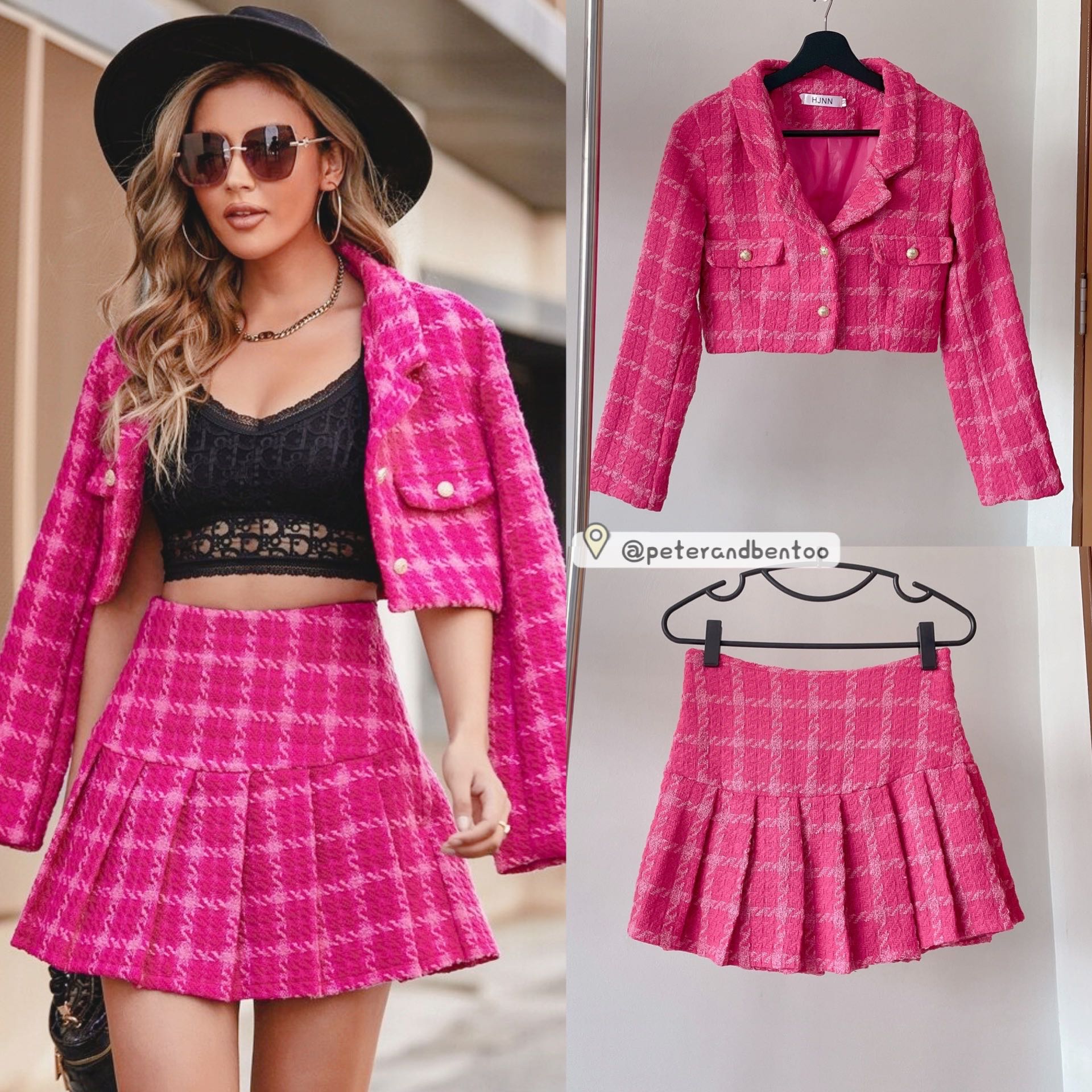 Pink plaid skirt tweed hot sale