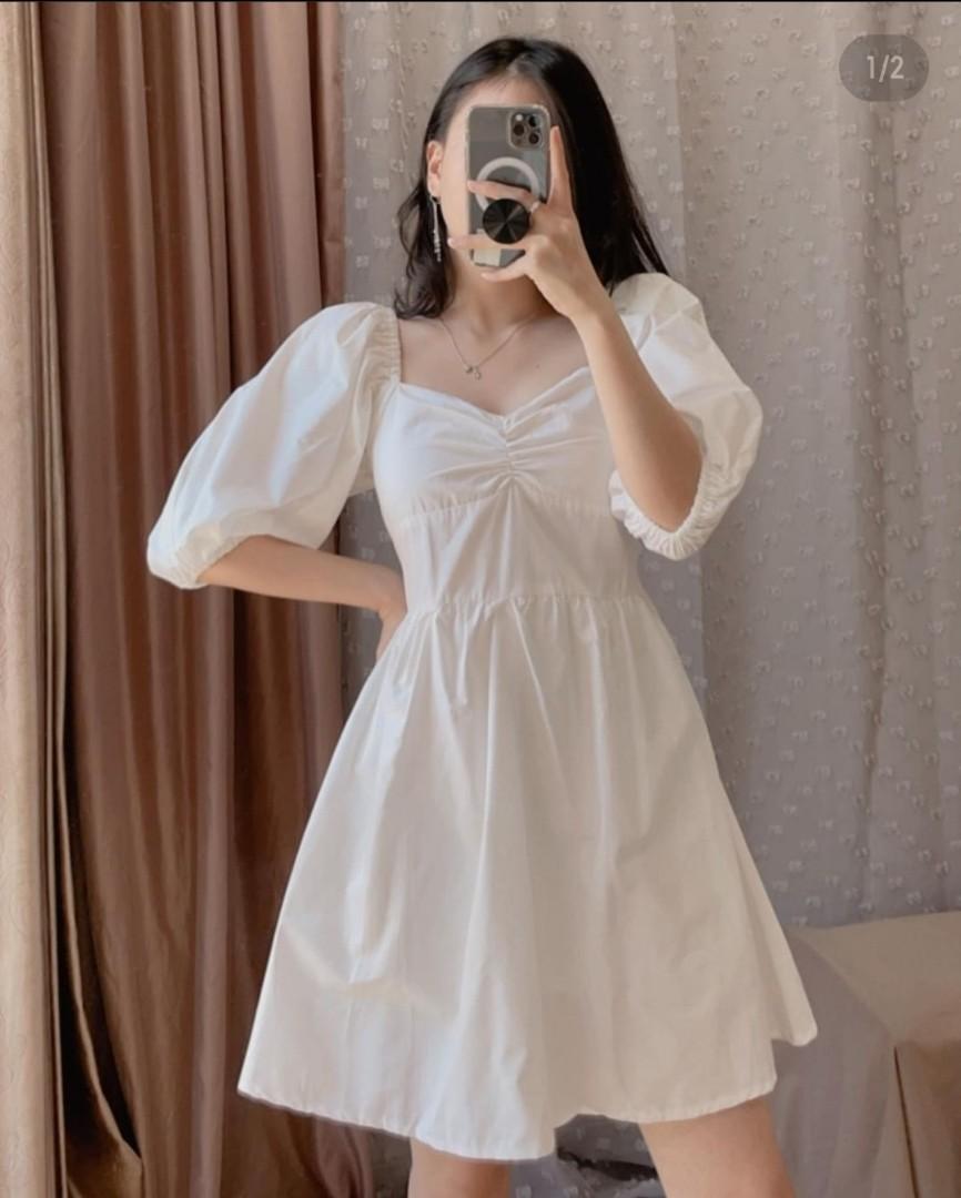 Puff Sleeve White Dress, Dress Putih 