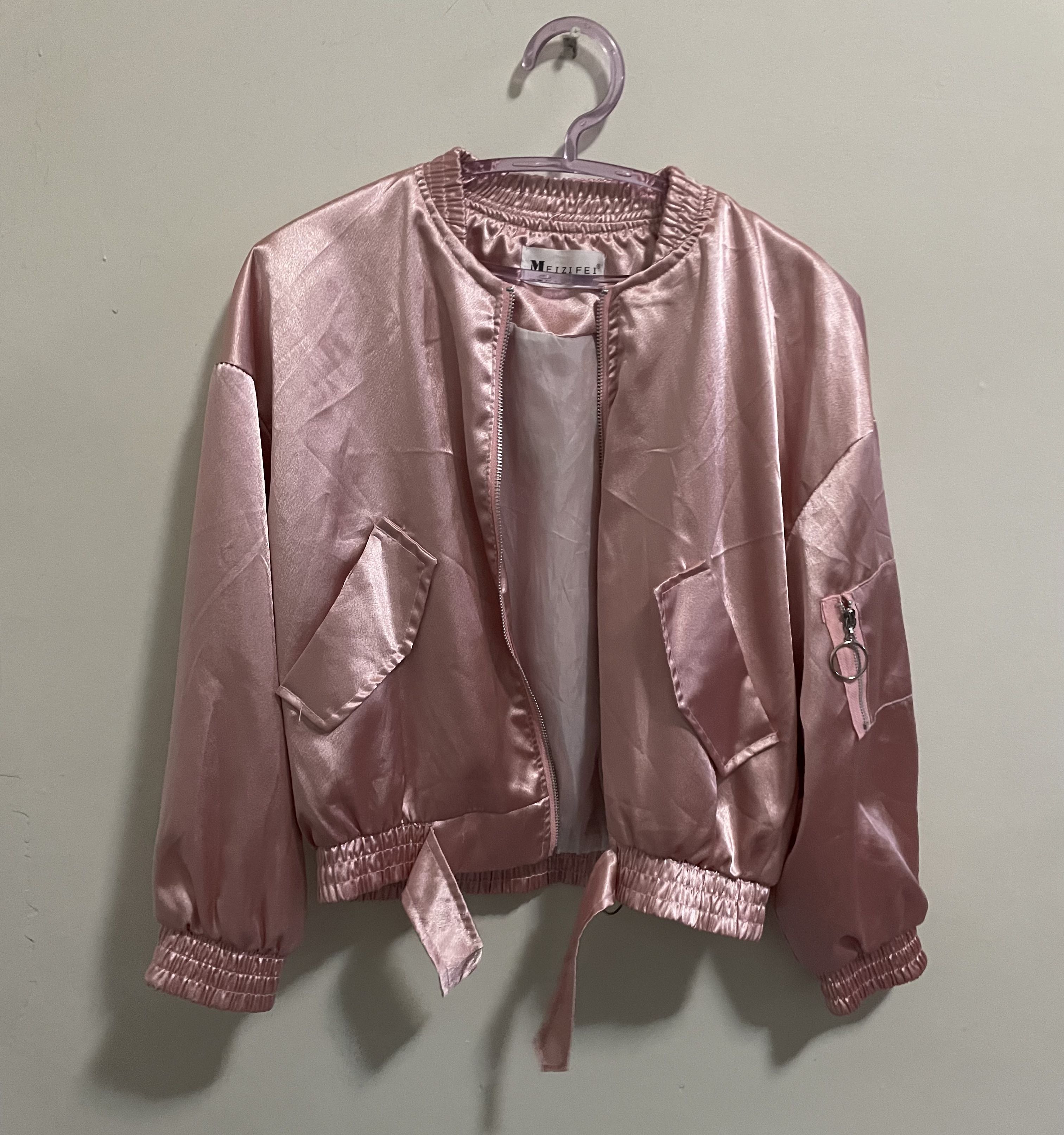 Satin Salmon Pink Bomber Jacket, Women's Fashion, Coats, Jackets and