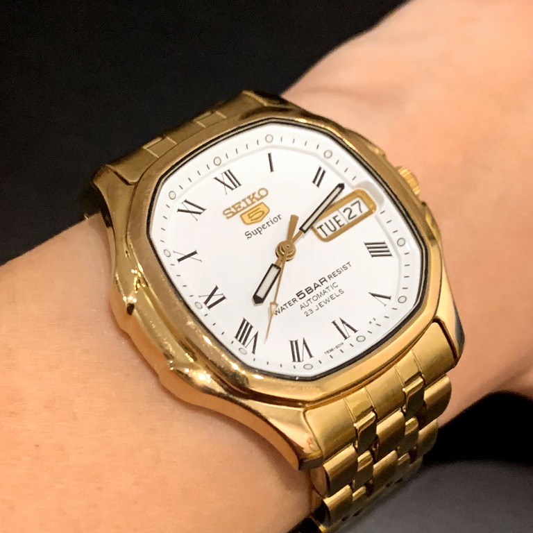Seiko 5 Superior Automatic Watch Gold White Luxury Watches on
