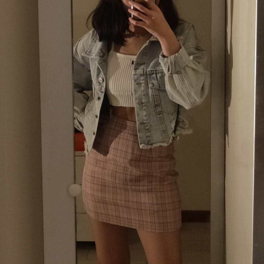 white crop top pink aline checkered skirt denim jacket
