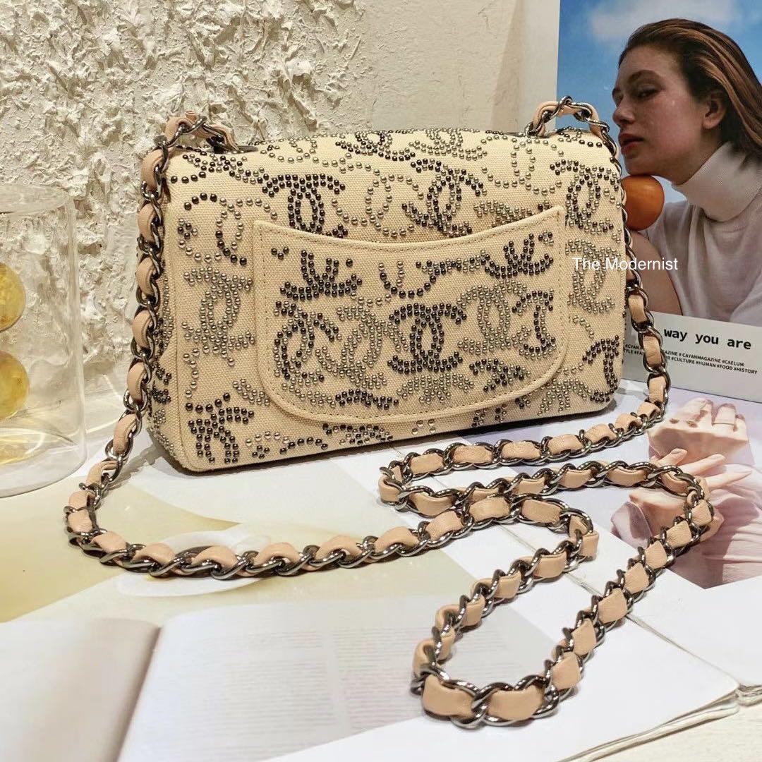 Authentic Chanel Canvas Mini Flap Bag with CC Studded Logo