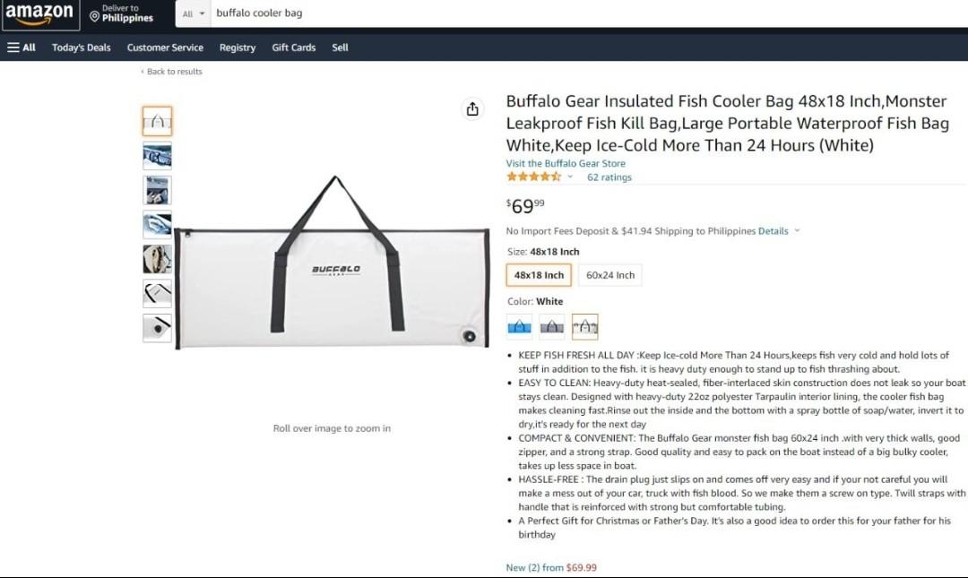Buffalo Gear Insulated Fish Cooler Bag 48x18 Inch,Monster