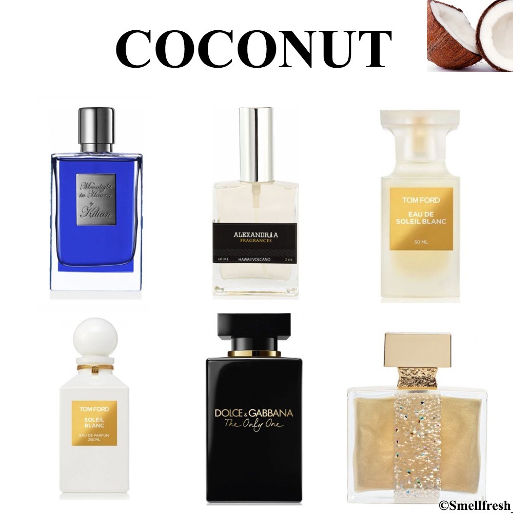 Coconut Perfume Decants : Kilian Moonlight in Heaven / Alexandria Fragrances  Hawaii Volcano / Tom Ford Eau de Soleil Blanc / Tom Ford Soleil Blanc /  Dolce & Gabbana The Only One