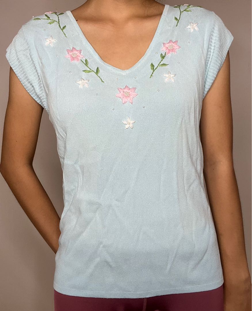 Embroidered Baby Blue Vest, Women's Fashion, Tops, Blouses on Carousell