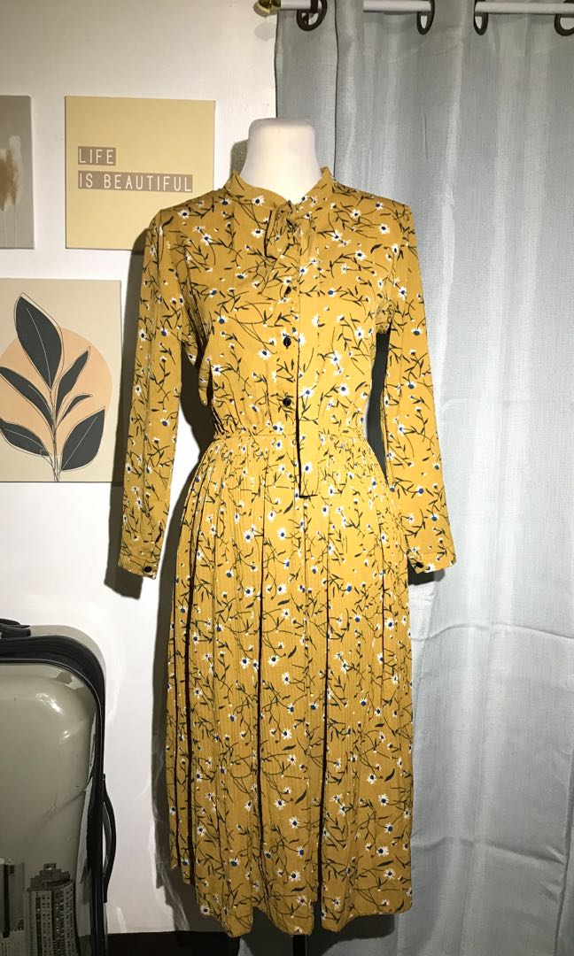 Vintage Korean mustard midi dress, Women's Fashion, Dresses & Sets