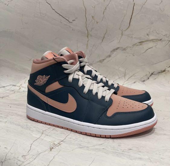 Nike Air Jordan 1 mid dark teal salmon green, Fesyen Wanita, Sepatu di