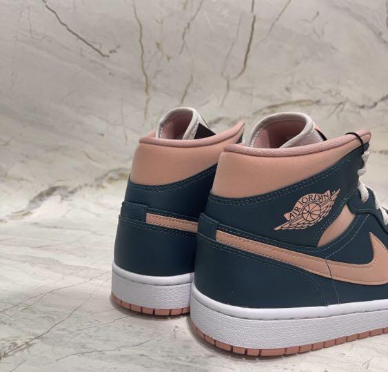 Nike Air Jordan 1 mid dark teal salmon green, Fesyen Wanita, Sepatu di