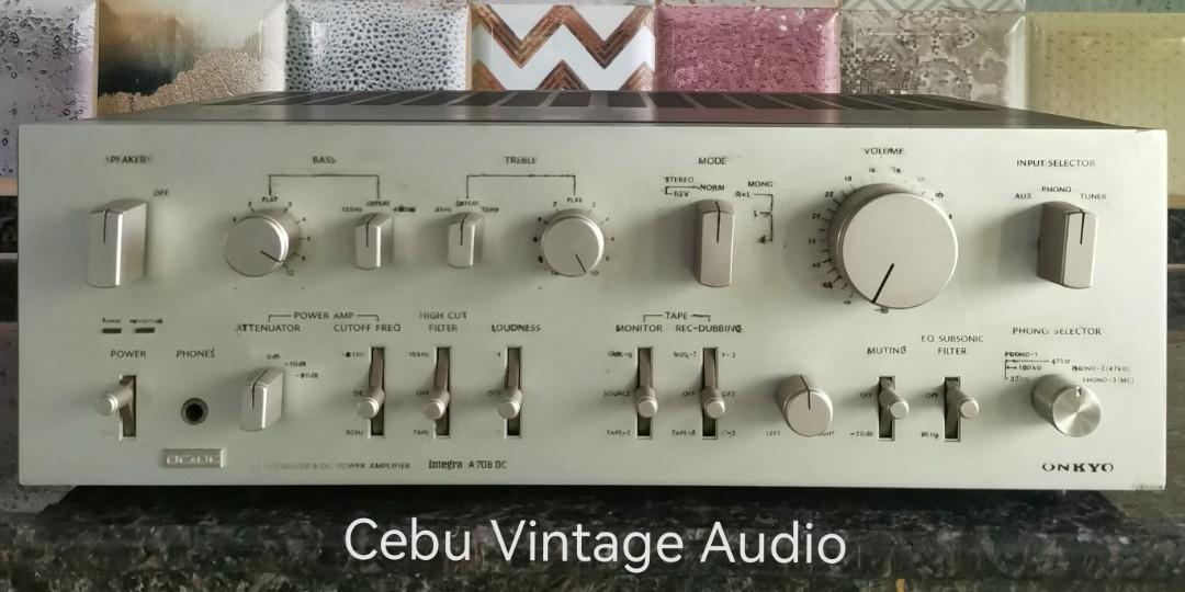 ONKYO Integrated Amplifier A-708DC (1977) (Category: Soundbars, Speakers & Amplifiers) located in Cebu City. Submitted by cebu_vintage_audio (Listing ID 1172040196, Image 1). Description: 100 volts, made in Japan good working condition punchy and boomy bass. Tone control & loudness switch *some faded markings at the control panel due to age. cosmetic 8.5/10 *all original parts inside, no repair Specs: *80 watts per channel @ 8ohm per ch *THD:. 02