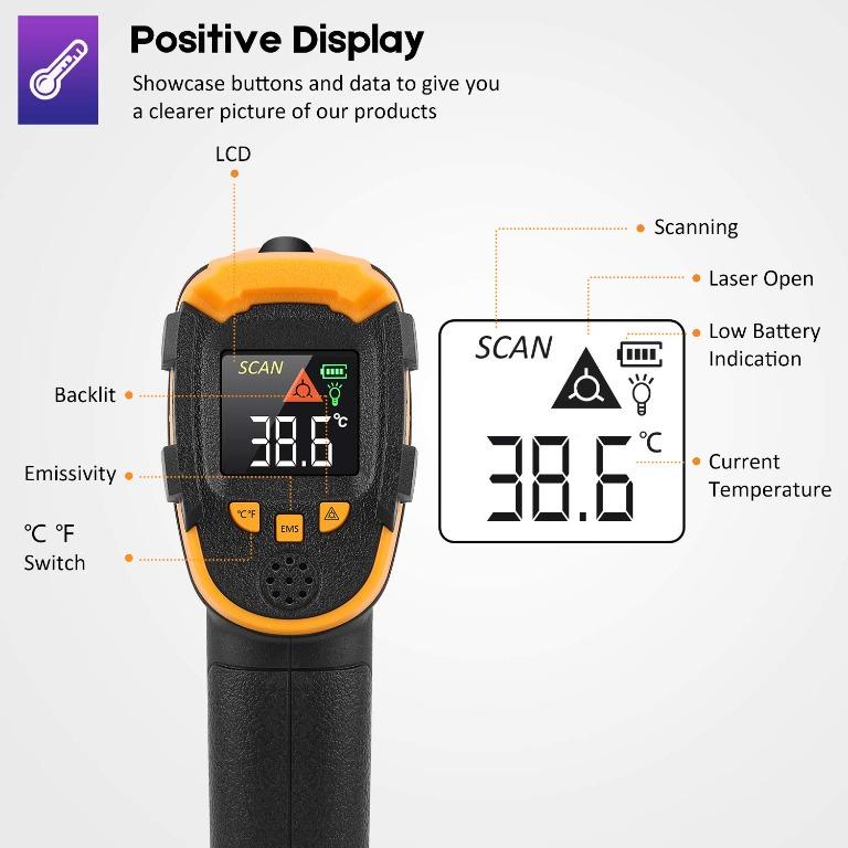  Infrared Thermometer SOVARCATE Digital IR Laser Thermometer  Temperature Gun High and Low Temperature Alarm -58°F~1112°F / -50℃～600℃  Temperature Probe for Cooking/BBQ/Food/Fridge/Pizza Oven/Engine :  Industrial & Scientific