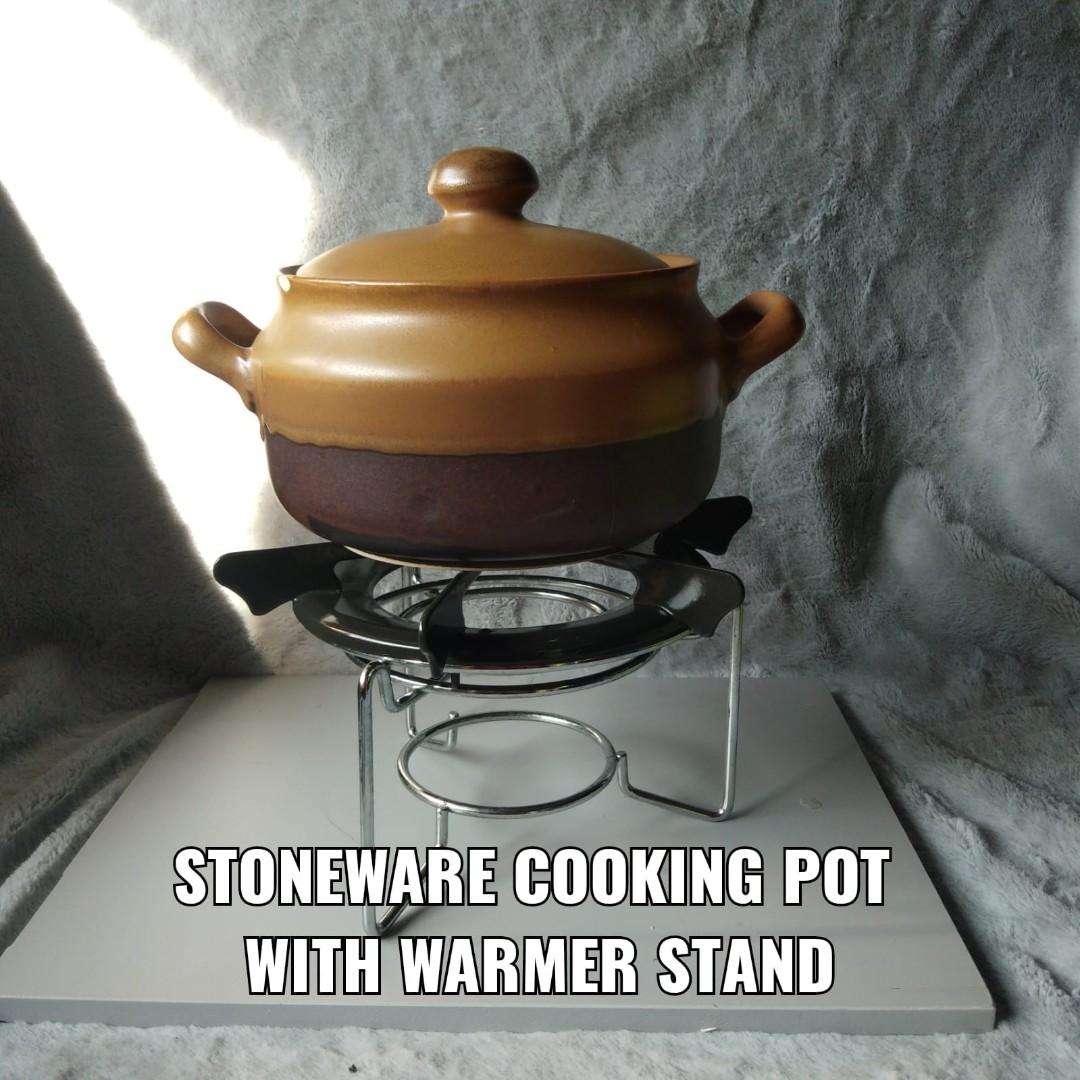 STONEWARE COOKING POT WITH WARMER STAND, Furniture & Home Living