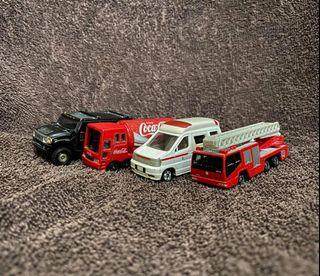 Take all Tomica Hummer H2, Coca-Cola Event Car, Nissan Paramedic, and Hino Aerial Ladder Fire Truck (w boxes)