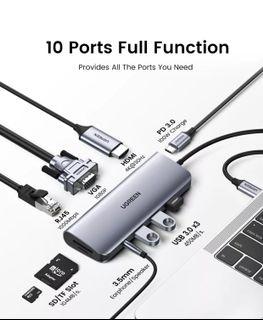 Ugreen 10 in 1 Type C Multi-port Hub with 4K HDMI, FHD VGA Port, SD/TF Card Reader, Gigabit Ethernet Port, AUX, USB 3.0 Hub, Power Delivery Port for MacBook, MBP, XPS 13/15, HP Spextre/Envy Laptops, etc.