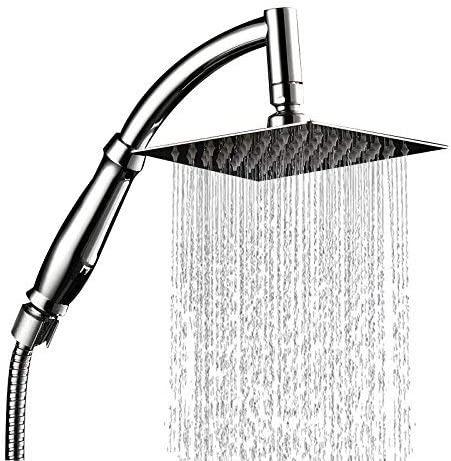 Sieyes 8 inch Large Rainfall Shower Head High Pressure Water Saving Square Stainless Steel Shower Panel with 59 Inch Shower Hose and Aluminum Bracket Holder Set 