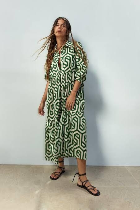 Zara GEOMETRIC PRINT LINEN BLEND DRESS