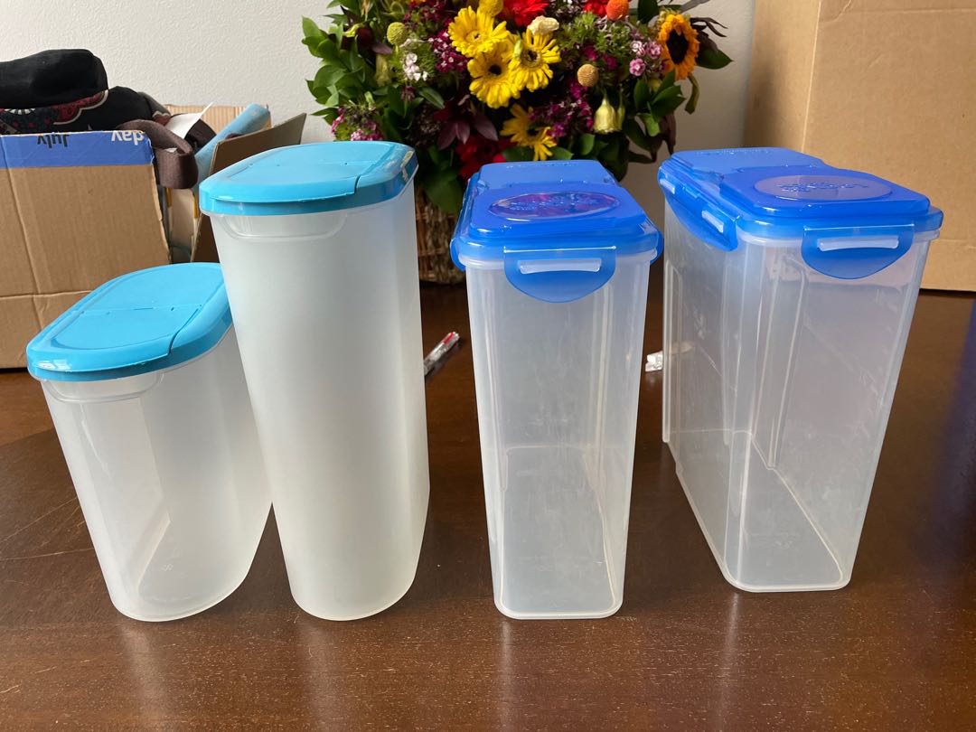 4 plastic storage containers with pour spouts, Furniture & Home Living