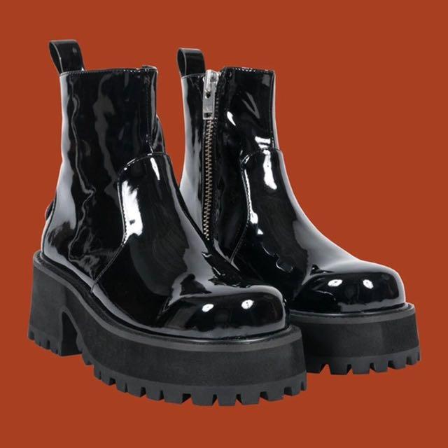 Black chunky platform pvc glossy boots ankles high rise calf punk rock goth unif dollskill