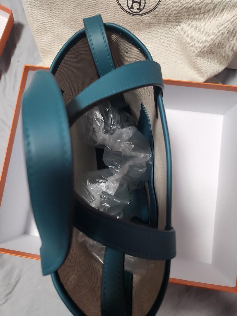 HERMES NEW Blue Teal Beige Canvas Trim H Cabas Shoulder Top Handle Tote Bag