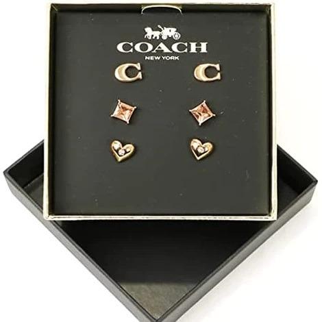 BRAND NEW AUTHENTIC INSTOCK COACH BOXED SIGNATURE AND PAVE HEART STUD EARRINGS SET 3 PAIR ROSE GOLD C7789