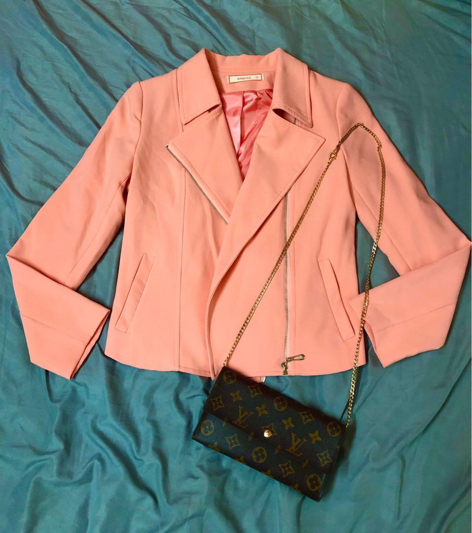 Salmon Pink Biker Jacket Premium, Women's Fashion, Coats, Jackets and
