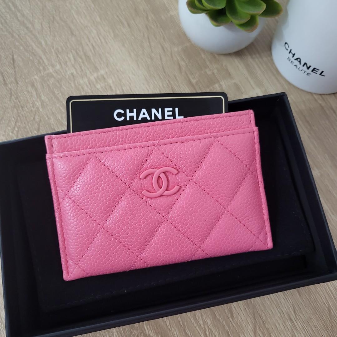 CHANEL 18S Pearly Pink Caviar Flat Card Holder Mini Wallet Iridescent Card  Case