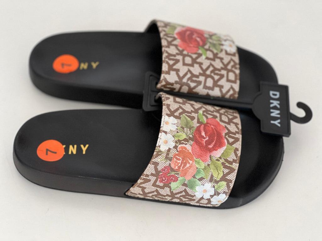 DONNA KARAN DKNY BROWN LOGO FLORAL SLIP ON SLIDES FLIP FLOPS SLIPPERS 7 37 38 SALE