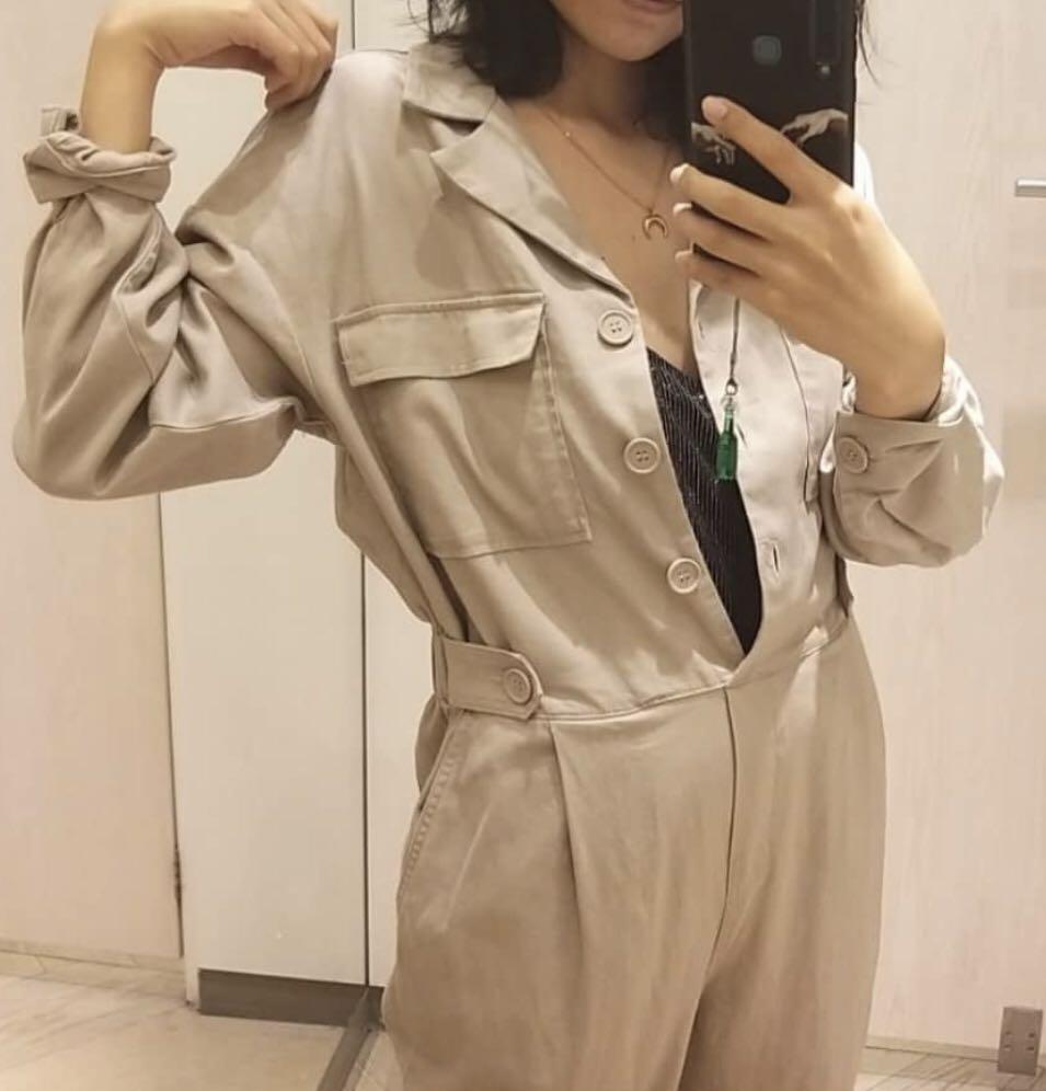 H M Beige Utility Jumpsuit Women s Fashion Dresses Sets Jumpsuits on Carousell