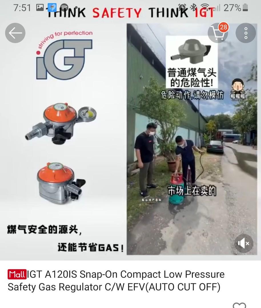 IGT Snap On Safety Gas Regulator with EFV, Furniture & Home Living