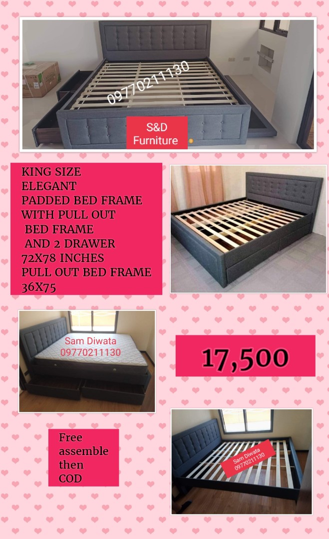 King size bed frame with pull out bed and drawer, Furniture & Home