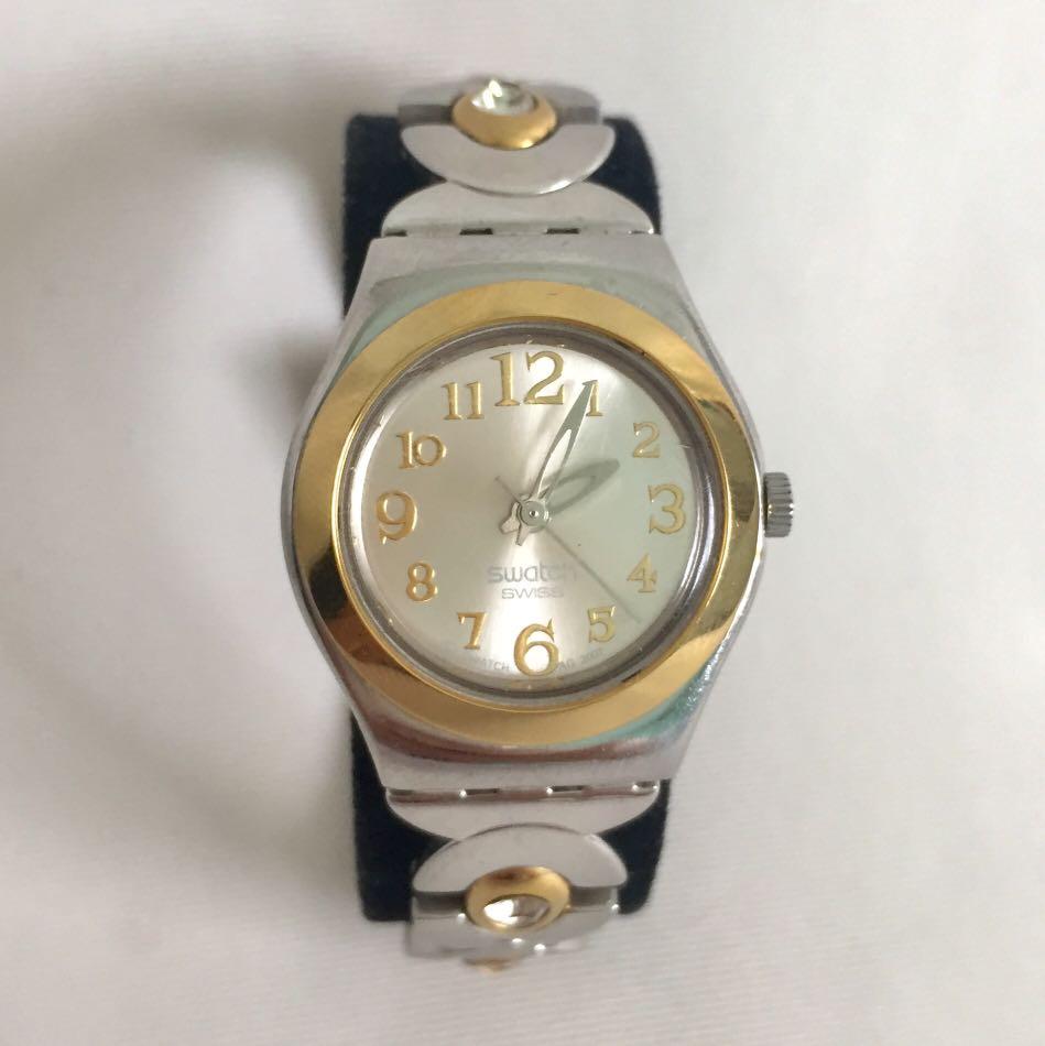 Authentic Swatch Irony Stainless Steel Gold and Silver Watch with Stones