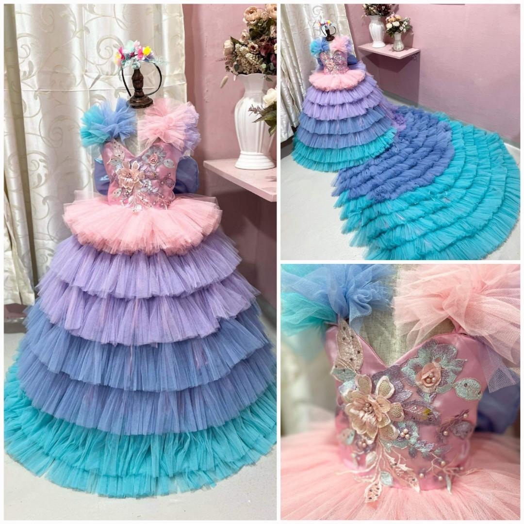 R e n t 7th birthday gown long trail kids gown pastel unicorn