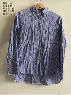 韓系藍白前短後長條紋襯衫