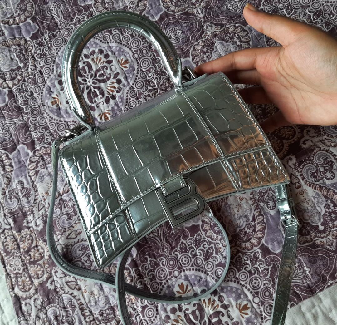 Womens Hourglass Mini Handbag Metallized Crocodile Embossed in Silver   Balenciaga US