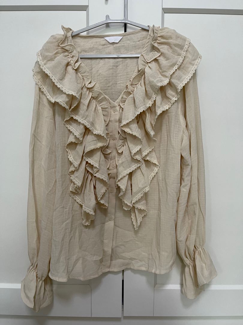 Beige Ruffled Top, Women's Fashion, Tops, Blouses on Carousell