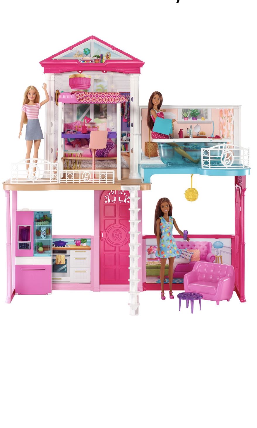 BNIB Barbie 2 storey Dollhouse Furniture set with 3 dolls