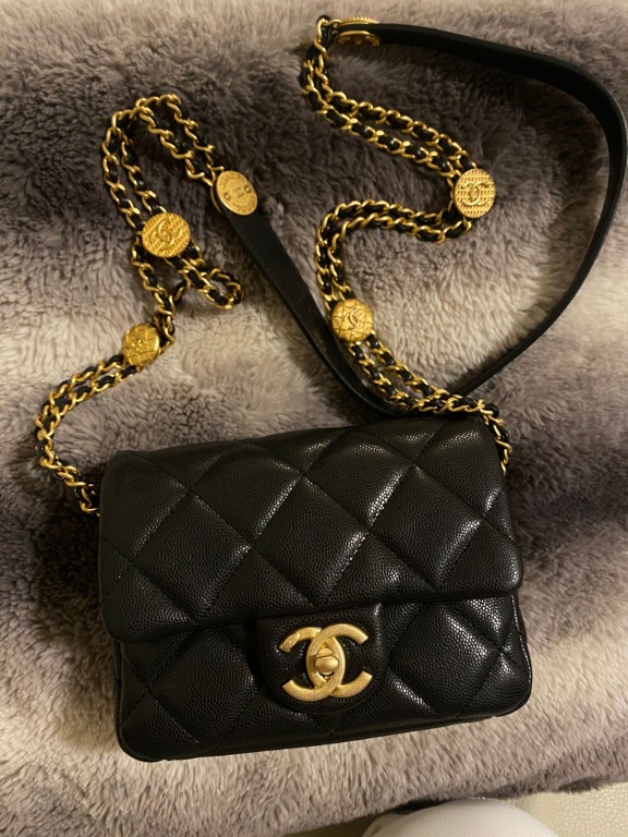 CHANEL 22A Gold Coins Small Flap Bag in Black Caviar