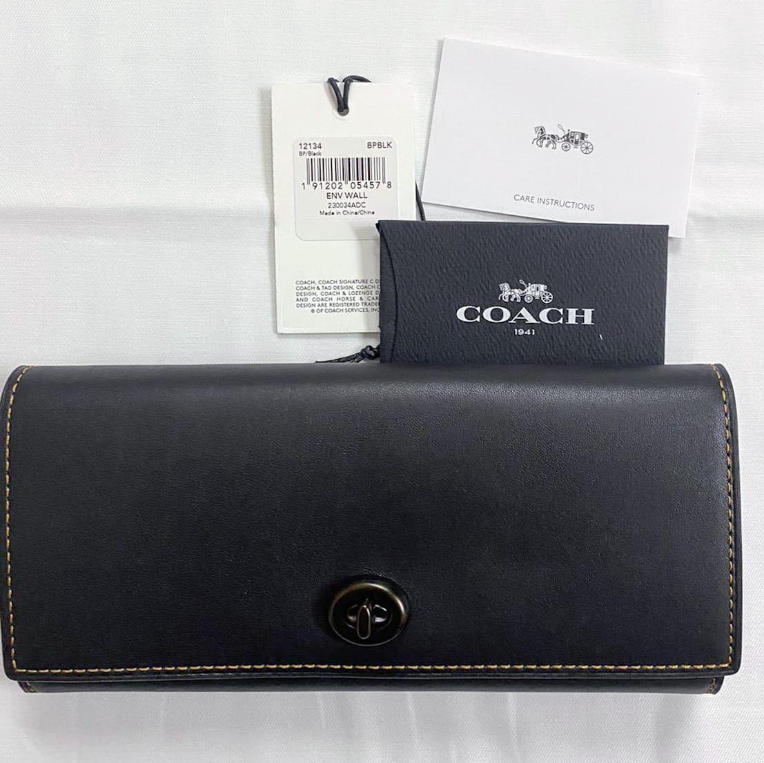 COACH Glovetanned Leather Envelope Wallet purse/女裝黑色牛皮專櫃款長銀包, 名牌, 手袋及銀包-  Carousell