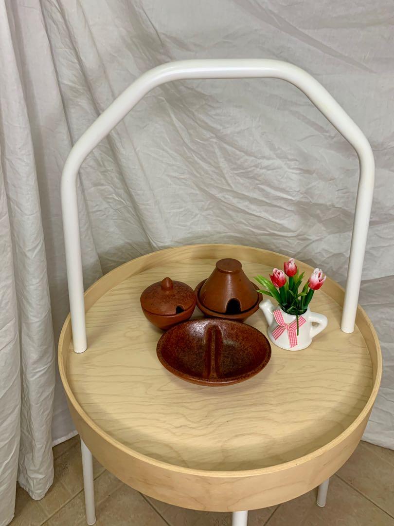 Ikea BURVIK Side table, white, 38 cm and Clay terracotta display items