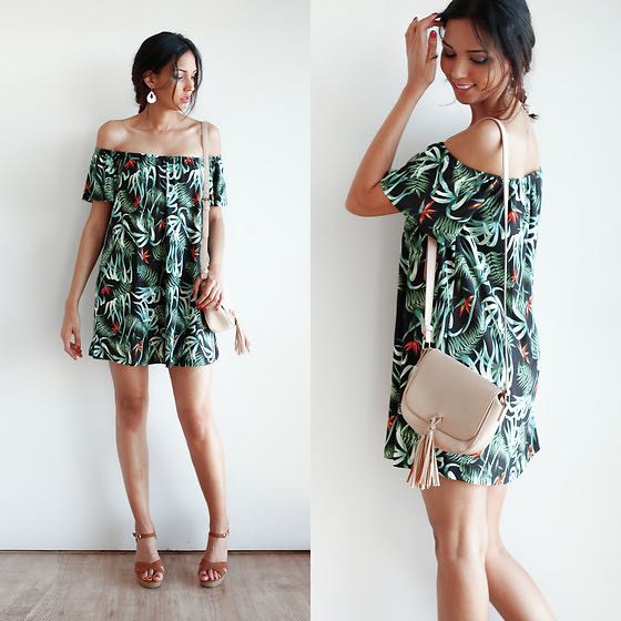 Mango Off Shoulder Tropical Dress