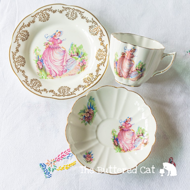 Pretty mix and match vintage English tea trio, ' Pinkie ' crinoline