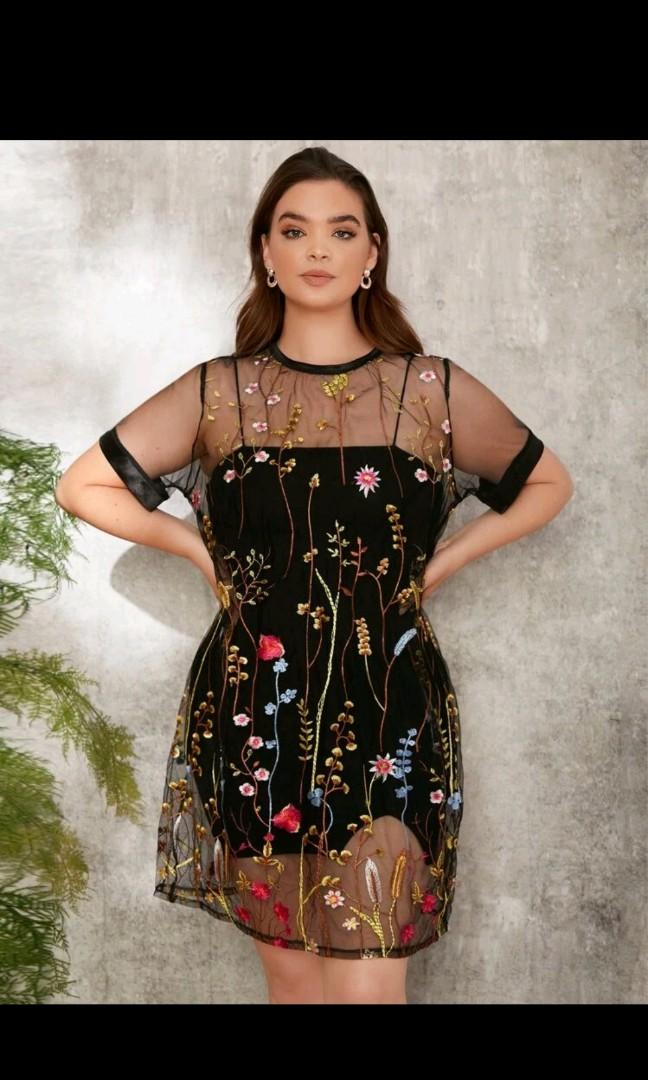 SHEIN Plus Floral Embroidery Mesh Dress without Camisole Women s