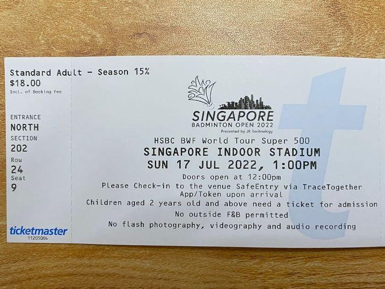 Singapore Badminton Open 2022 Finals Ticket, Tickets & Vouchers, Local