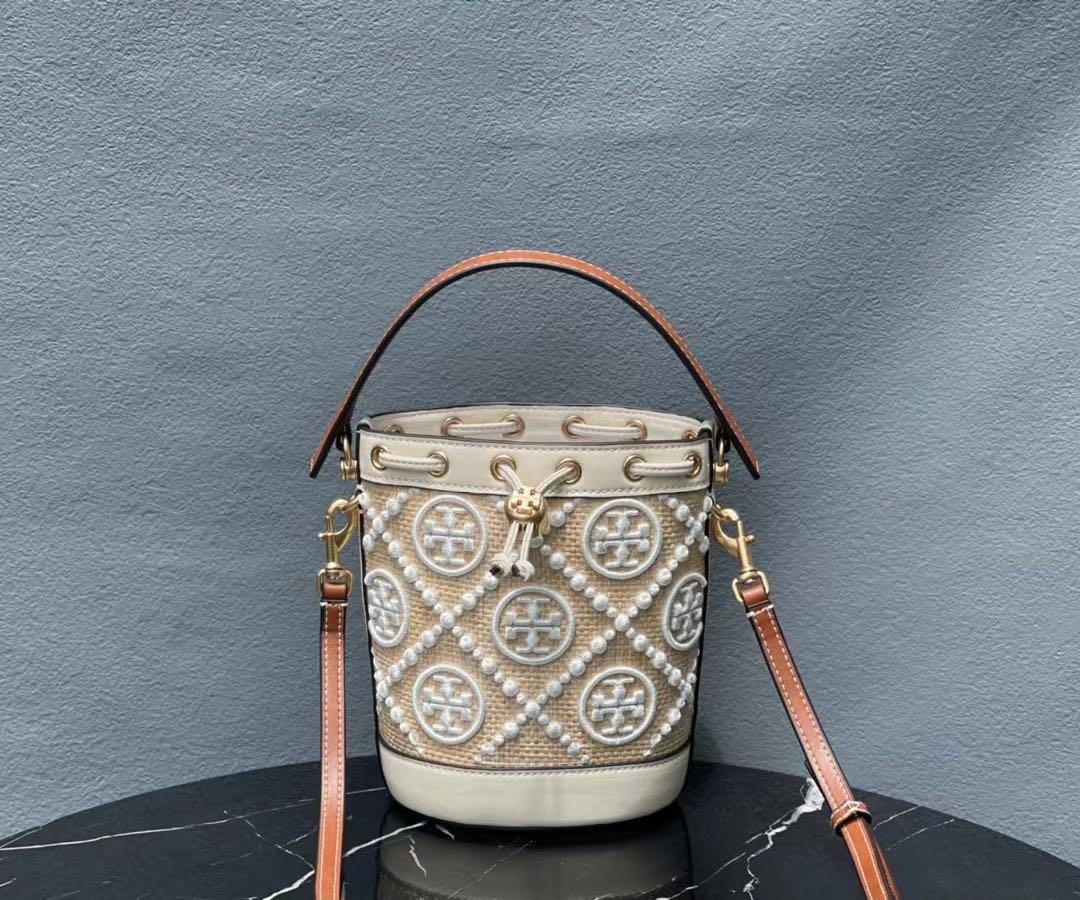 Tory Burch T Monogram Straw Mini Bucket Bag