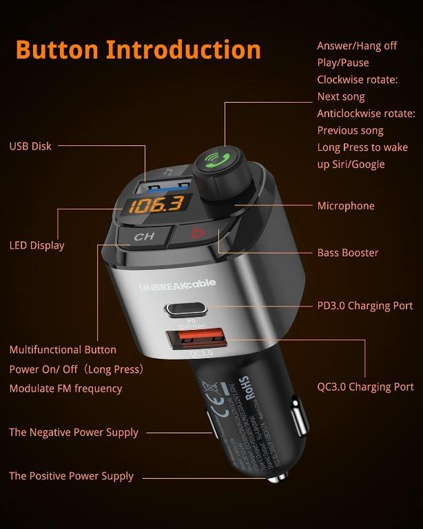 UNBREAKcable Bluetooth 5.0 FM Transmitter for Car, [PD 20W + QC 3.0]  [Stronger Microphone & HiFi Bass Sound] Cigarette Lighter Radio Music  Adapter