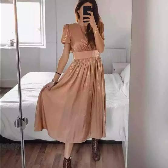 Zara Copper Gown with Sleeves, Women's Fashion, Dresses & Sets, Dresses