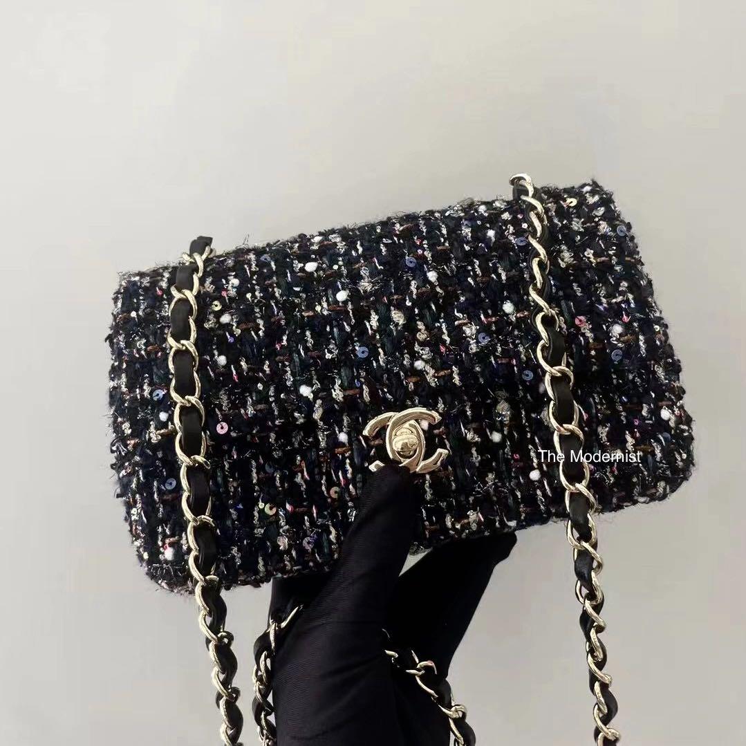 Authentic Chanel Tweed Mini Flap Bag with Sequins