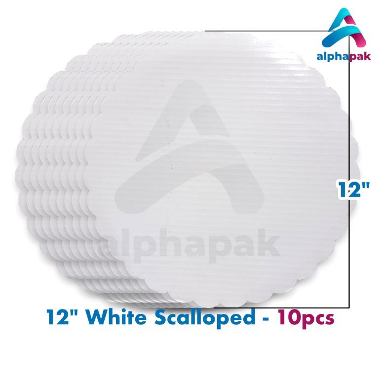 Cake Board 12 inch White Round Scallop (Category: Homemade Bakes) located in Mandaluyong City. Submitted by alphapak (Listing ID 1172623730, Image 2). Description: - Used to support bottom of Cake - Sold in sets of 10pcs - Plastic laminated - Food Grade Material - Size: 12 inches - Board Style: Round, Scalloped - Color: White This cake trays comes in 12" diameter, ideal for presenting most big sized cakes and making them look presentable and deli